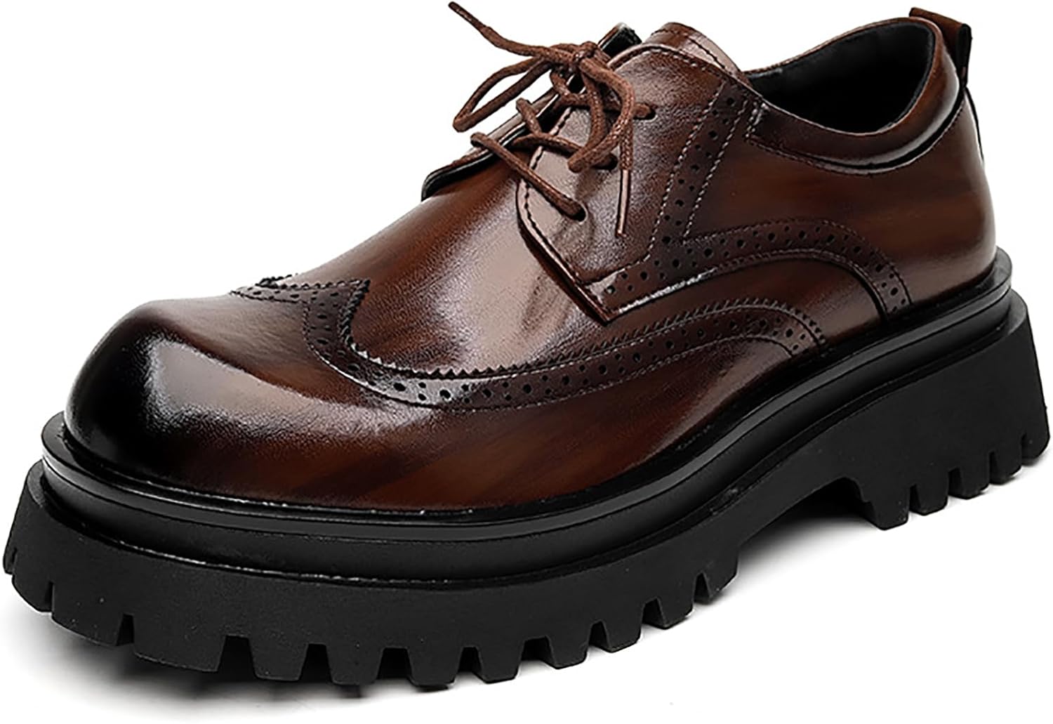 

Мужские туфли-оксфорды на платформе с крылышками Броуги, винтажная кожа, круглый носок, шнуровка, удобный массивный каблук, подошва с протектором, нескользящие, повседневные дерби для офиса, прогулок, свадеб и вечеринок Qeosnbx, коричневый