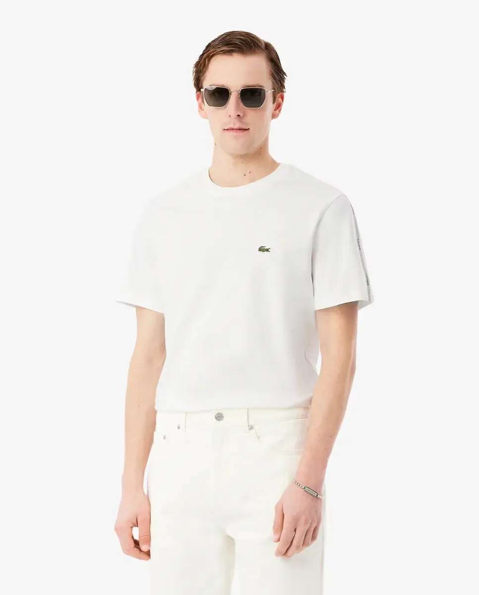 Lacoste Мужская футболка с полоской бренда на белом фоне, короткий рукав, белая