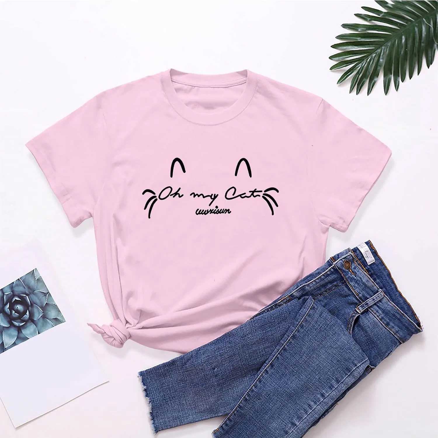 Блуза с круглым вырезом, свободная, Women's Short Sleeve T-Shirt, розовый — фото 2