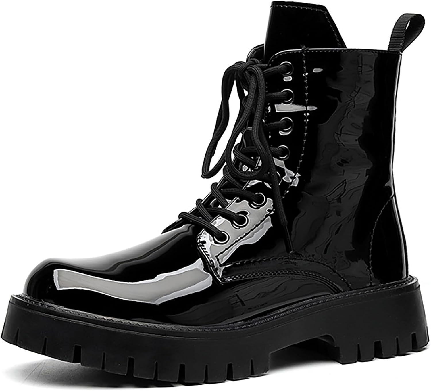

Мужские черные кожаные ботинки на платформе с глянцевой отделкой, модные с боковой молнией, широким носком, шнуровкой, массивной подошвой, высокие мотоботинки, удобные, водонепроницаемые, нескользящие, повседневные ботильоны Qeosnbx