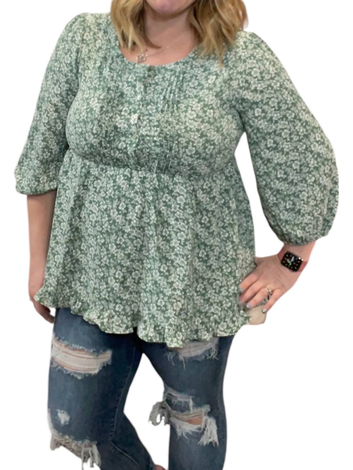 

Цветочный винтажный топ Babydoll в цвете Sage Green Jodifl