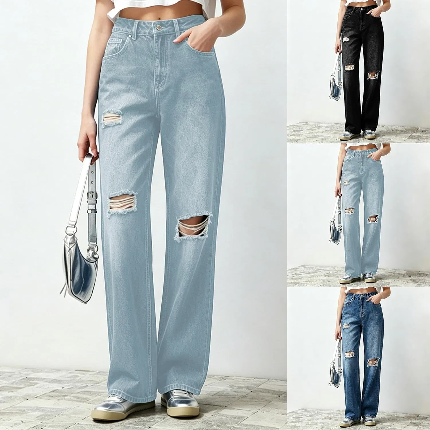 Джинсы свободные Y2K с разрывами, Light Blue — фото 2