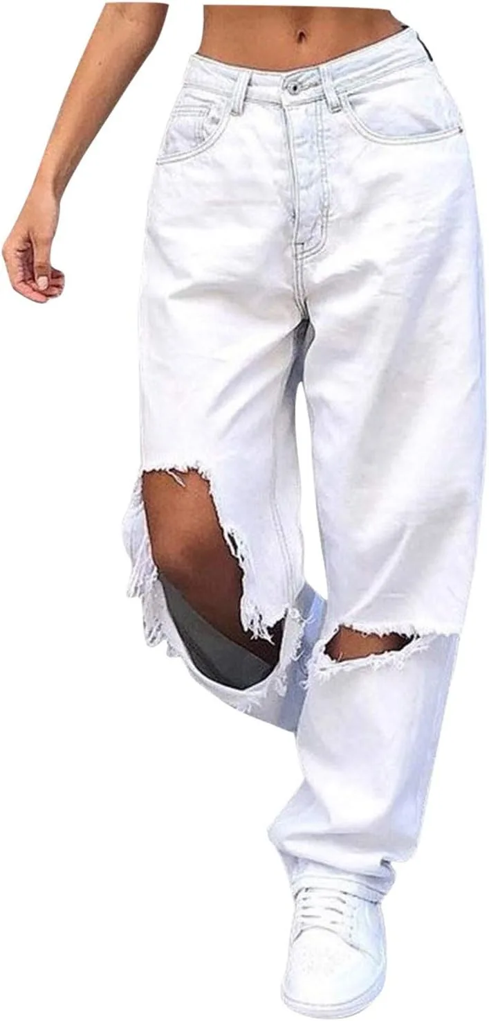 

Женские джинсы с прорезями loose ripped high waist distressed wide leg