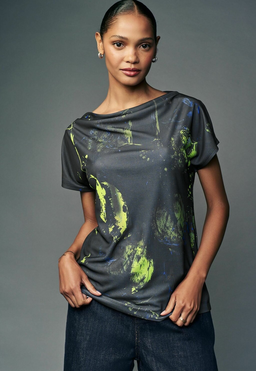 

Футболка с принтом SHORT SLEEVE COWL NECK REGULAR FIT Next, синий