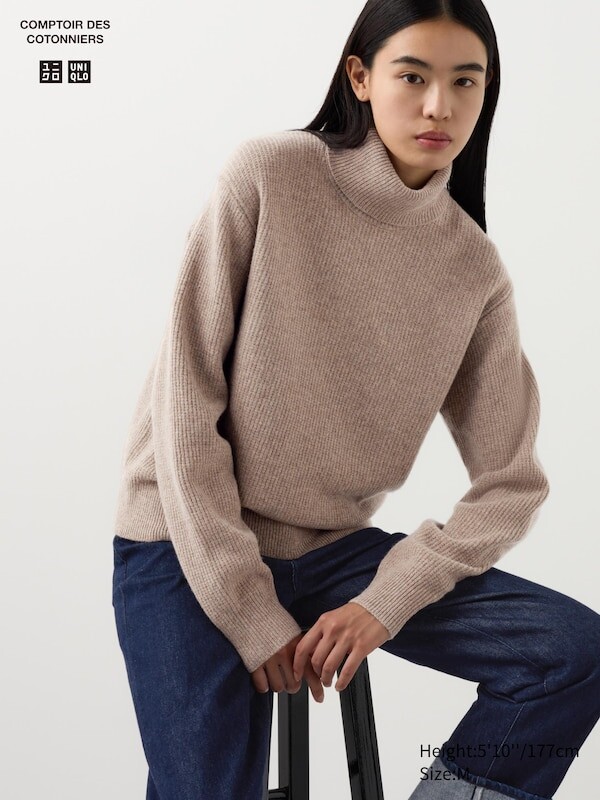 

Джемпер с высоким воротом из овечьей шерсти Uniqlo, бежевый