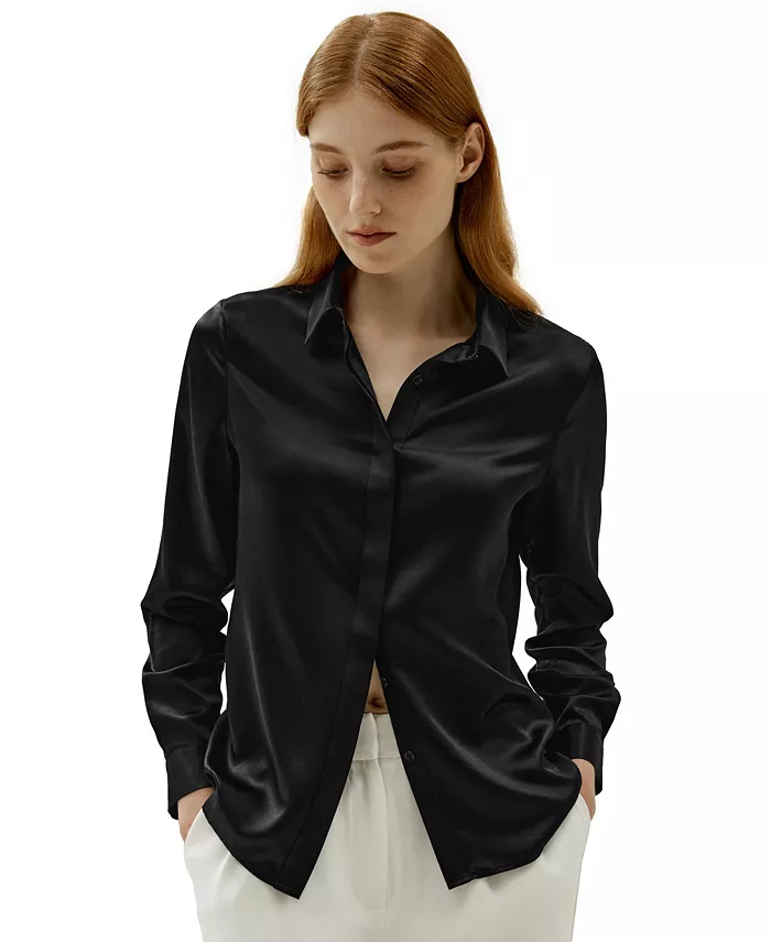 

Женская шелковая рубашка Basic Concealed Placket LILYSILK, черный