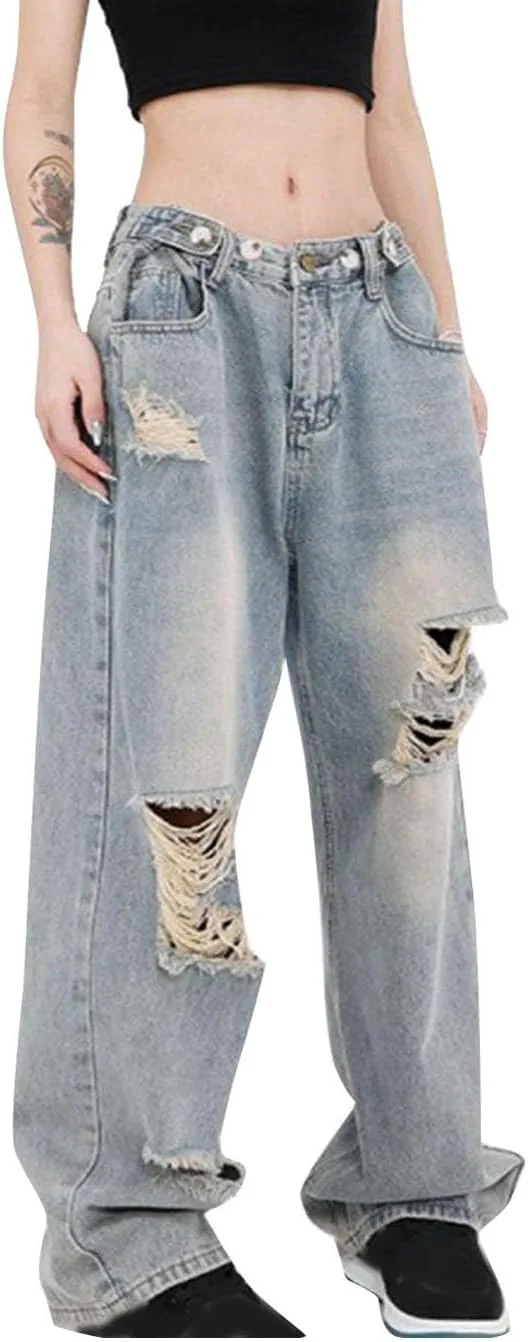 

Джинсы женские Wide Leg High Waisted Stretch Ripped Boyfriend