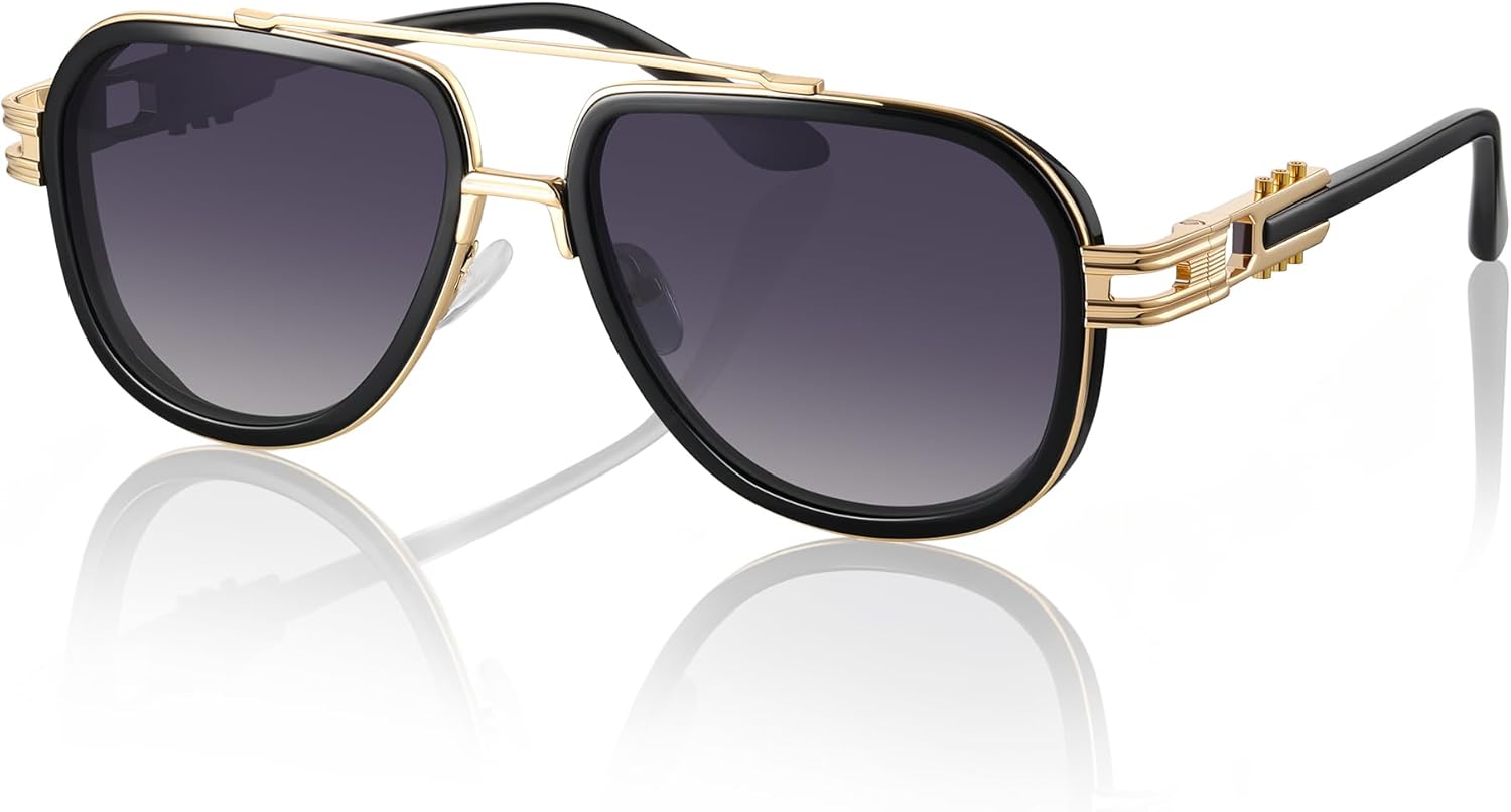 

Мужские солнцезащитные очки-авиаторы из ацетата – скульптурная металлическая оправа с четко выраженными дужками и линзами с защитой от УФ-излучения UV400 gesruny, A1 Black Frame/Gradient Grey Lens(gold-tone Temples)