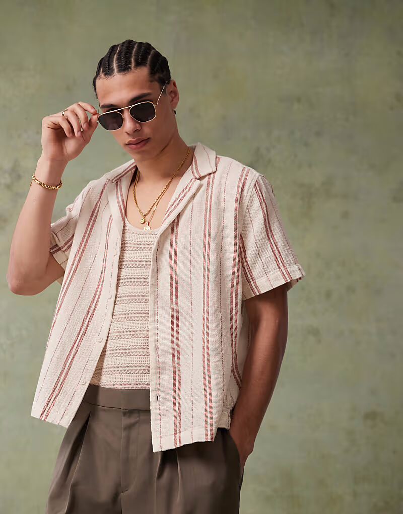 

Рубашка свободного кроя ASOS DESIGN Deep Revere в нейтральную полоску