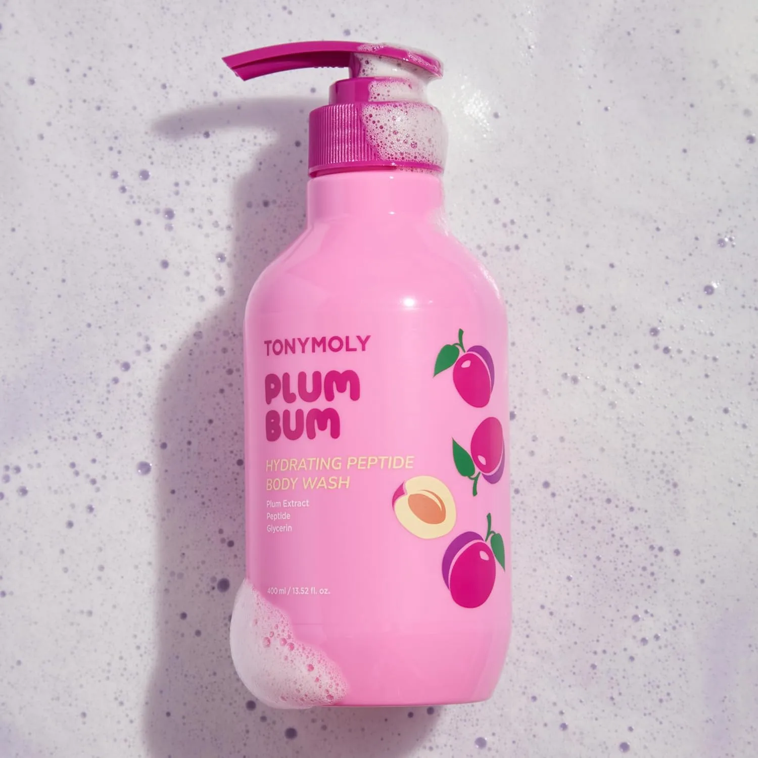 Увлажняющий и питательный гель для душа TONYMOLY Plum Bum Peptide с экстрактом сливы, пептидами и глицерином - нежный корейский гель для душа для мягкой, гладкой и сияющей кожи, 385 мл., Purple — фото 2