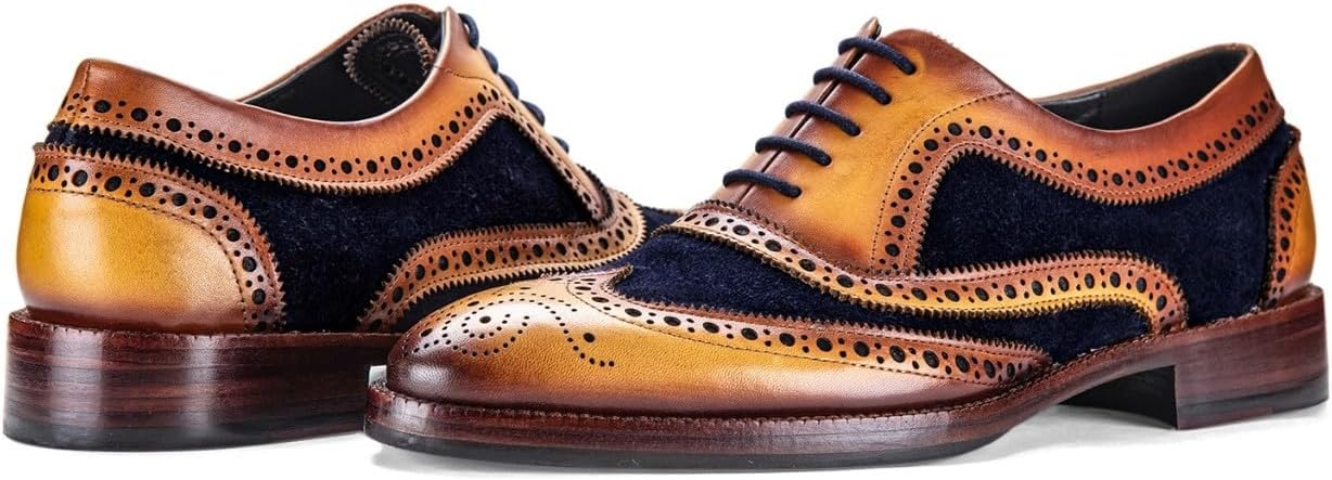 Мужские туфли оксфорды Lethato Wingtip Brogue ручной работы из натуральной кожи с шнуровкой, темно-синий — фото 3