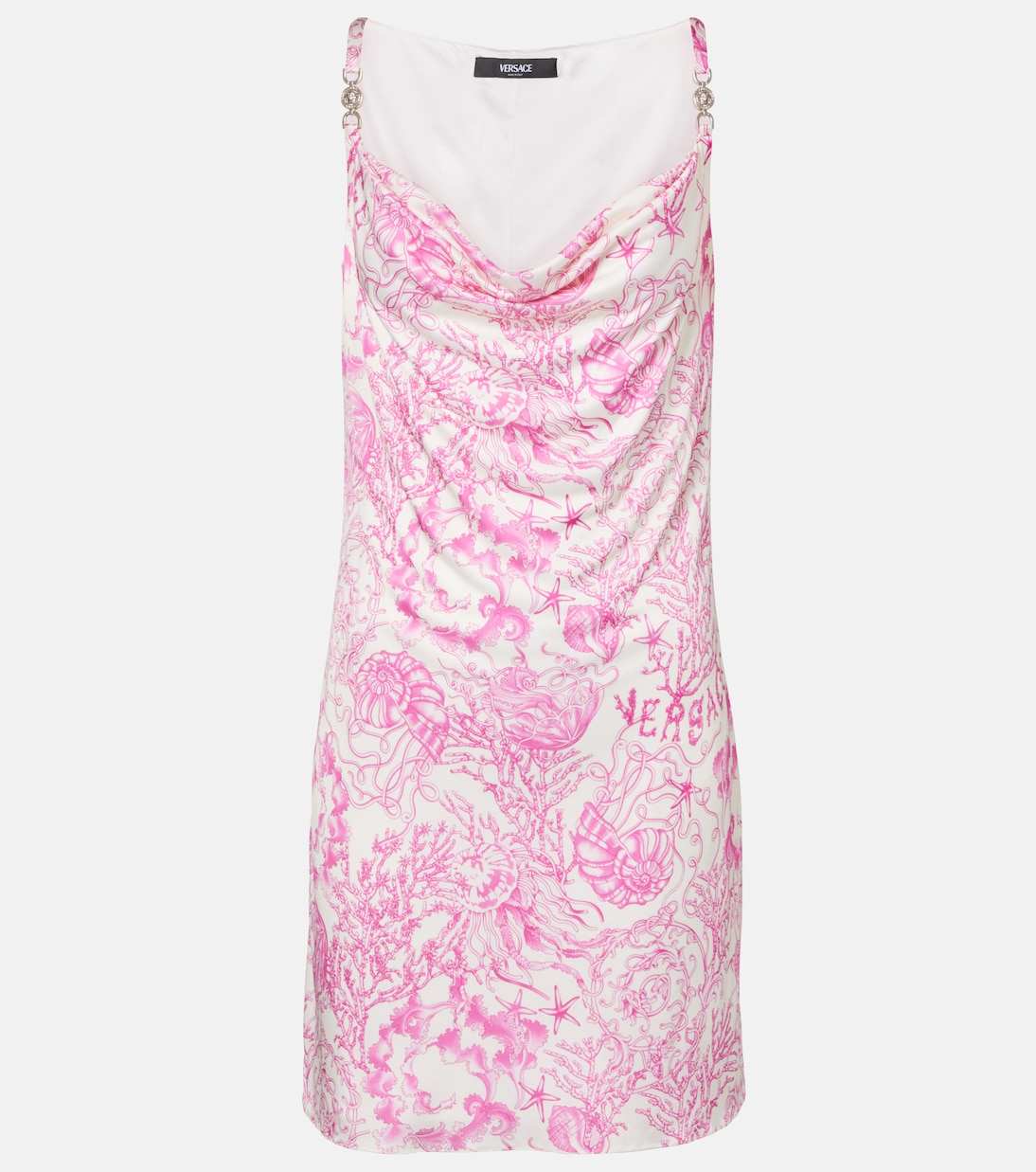 

Мини-платье с драпировкой из атласа Underwater Barocco Versace, Eggshell + Bright Dv Pink