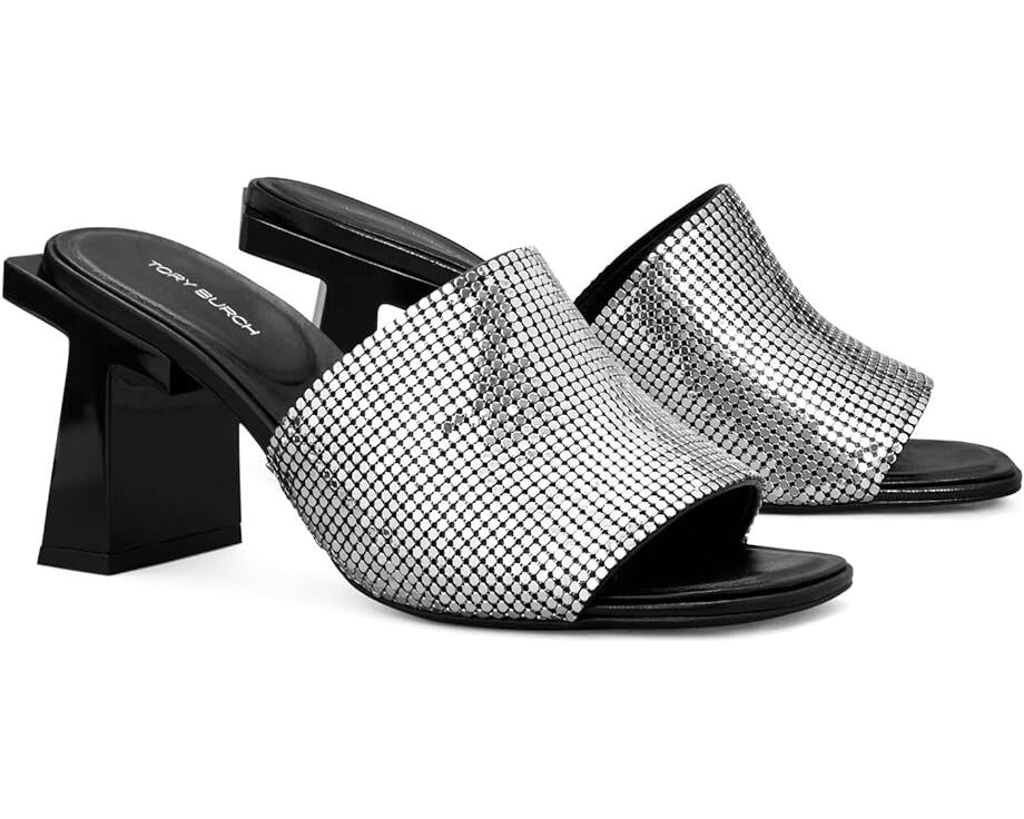 

Туфли Tory Burch Block T Chainmail Mule Sandal, цвет Silver/Perfect Black