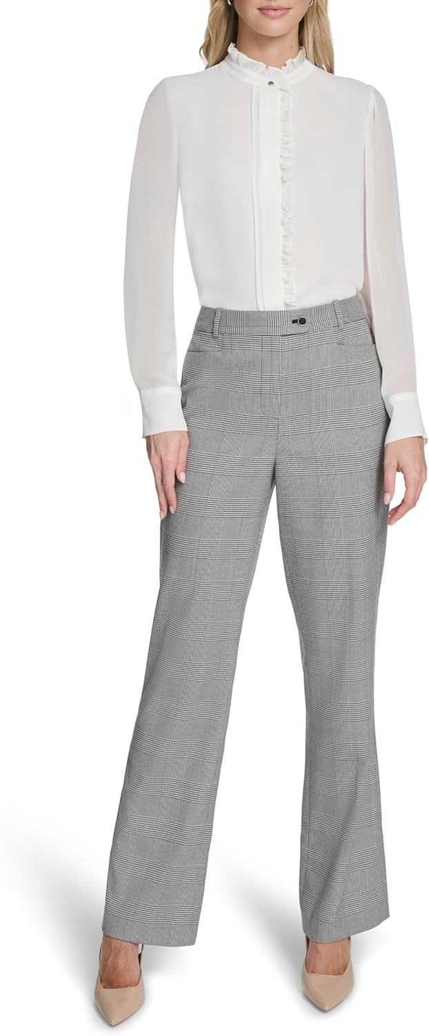Женские брюки Calvin Klein со средней посадкой и широкими штанинами, с поясом, Black/Cream — фото 2