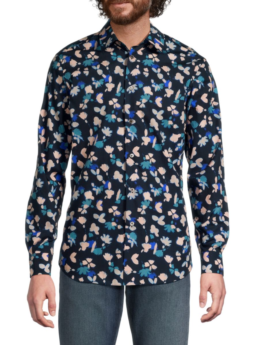 

Рубашка классического кроя из принтованного хлопка Paul Smith, цвет Very Dark Navy