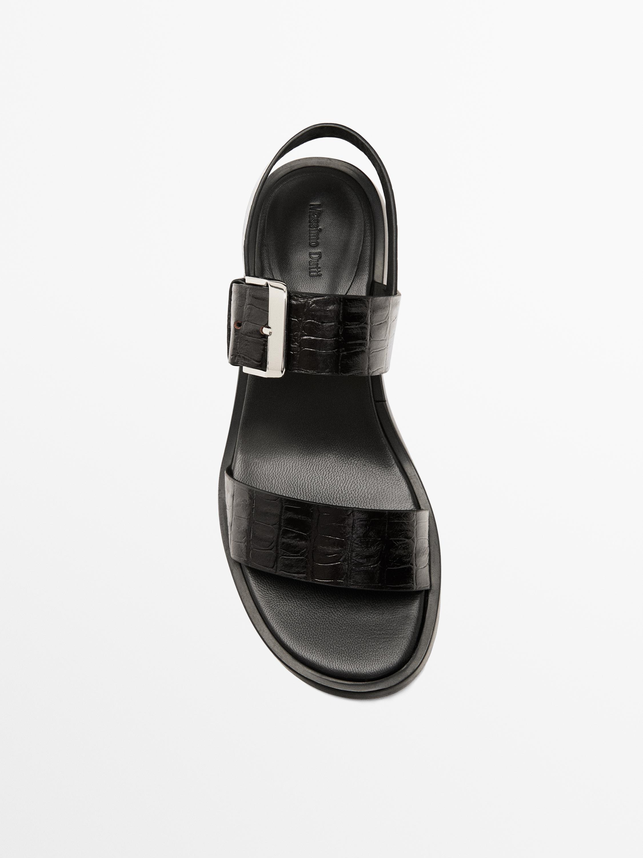 Босоножки на каблуке с имитацией крокодиловой кожи Massimo Dutti, коричневый — фото 4