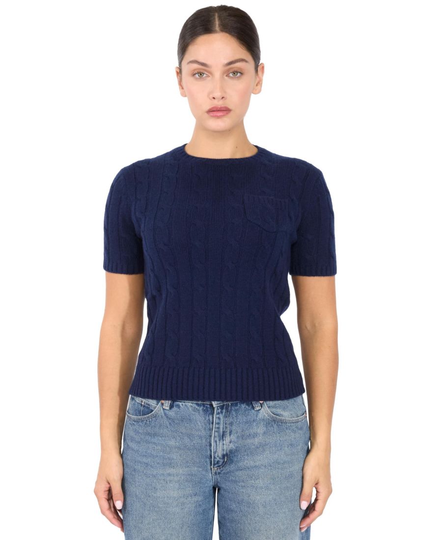 

Женский свитер крупной вязки с круглым вырезом и короткими рукавами, 70% шерсть, 30% кашемир JENNIE LIU, Navy