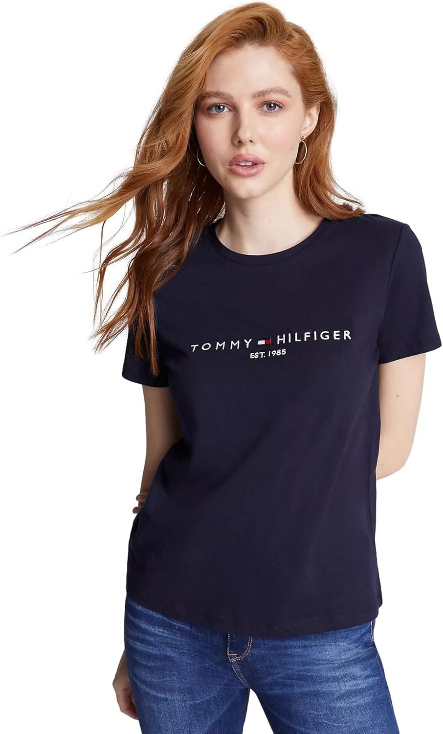 

Женская футболка с полосатым логотипом Tommy Hilfiger, Embroidered-Logo Desert Sky Navy, Коричневый, Женская футболка с полосатым логотипом Tommy Hilfiger, Embroidered-Logo Desert Sky Navy