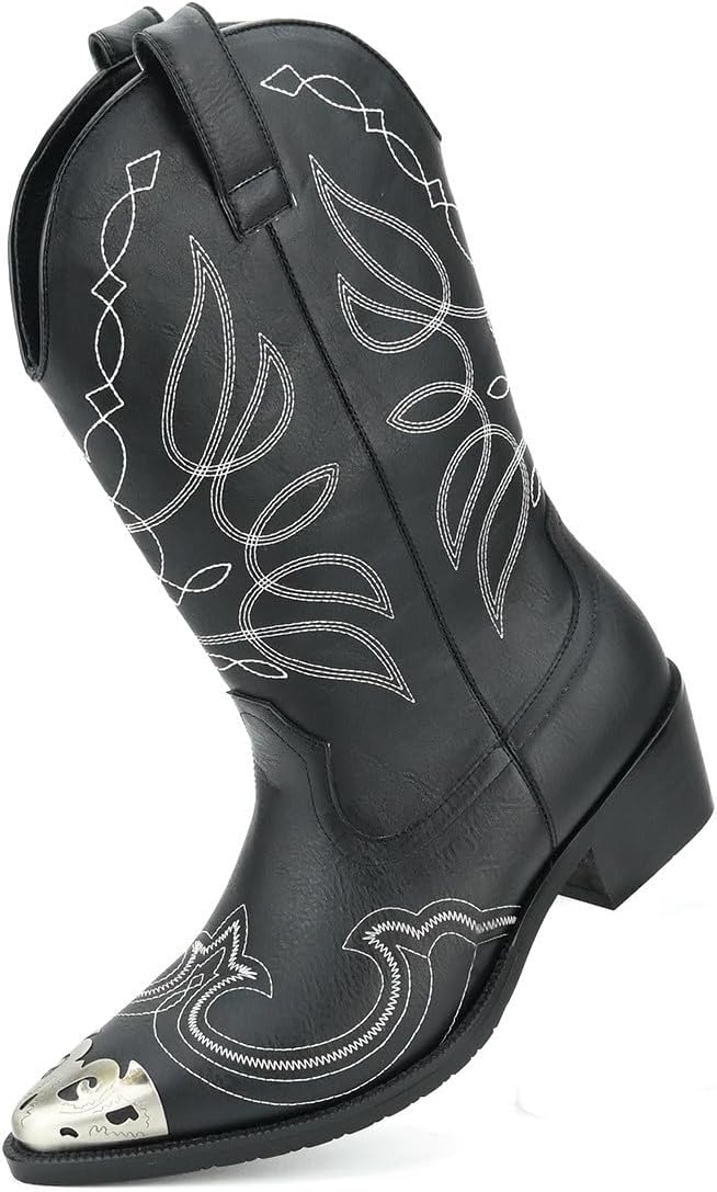 

Мужские вестерн-сапоги Santimon с металлическим носком, вышивкой из кожи, классические прочные сапоги для верховой езды, черный