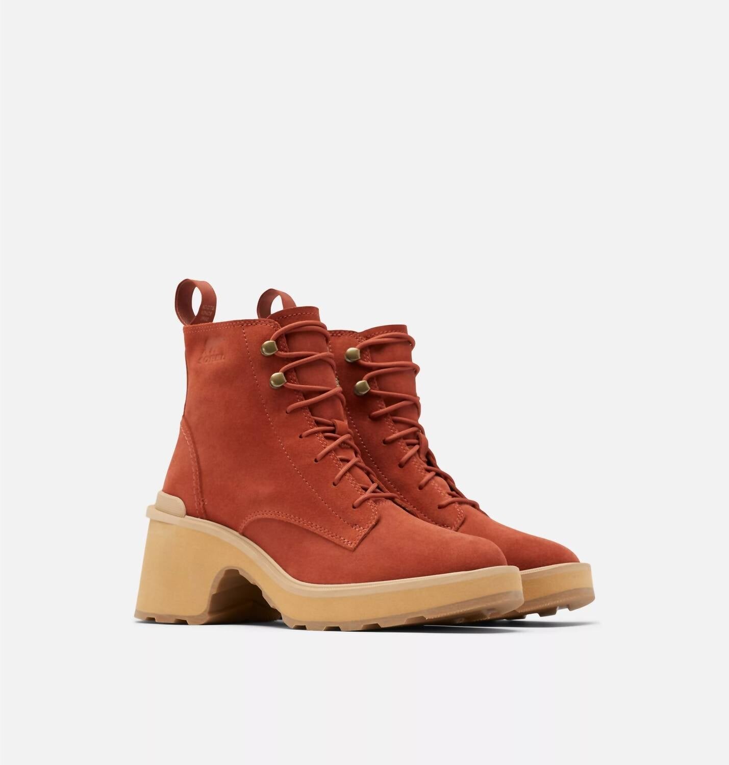 Женские ботинки на шнуровке на высоком каблуке цвета Warp Red Tawny Buff Sorel