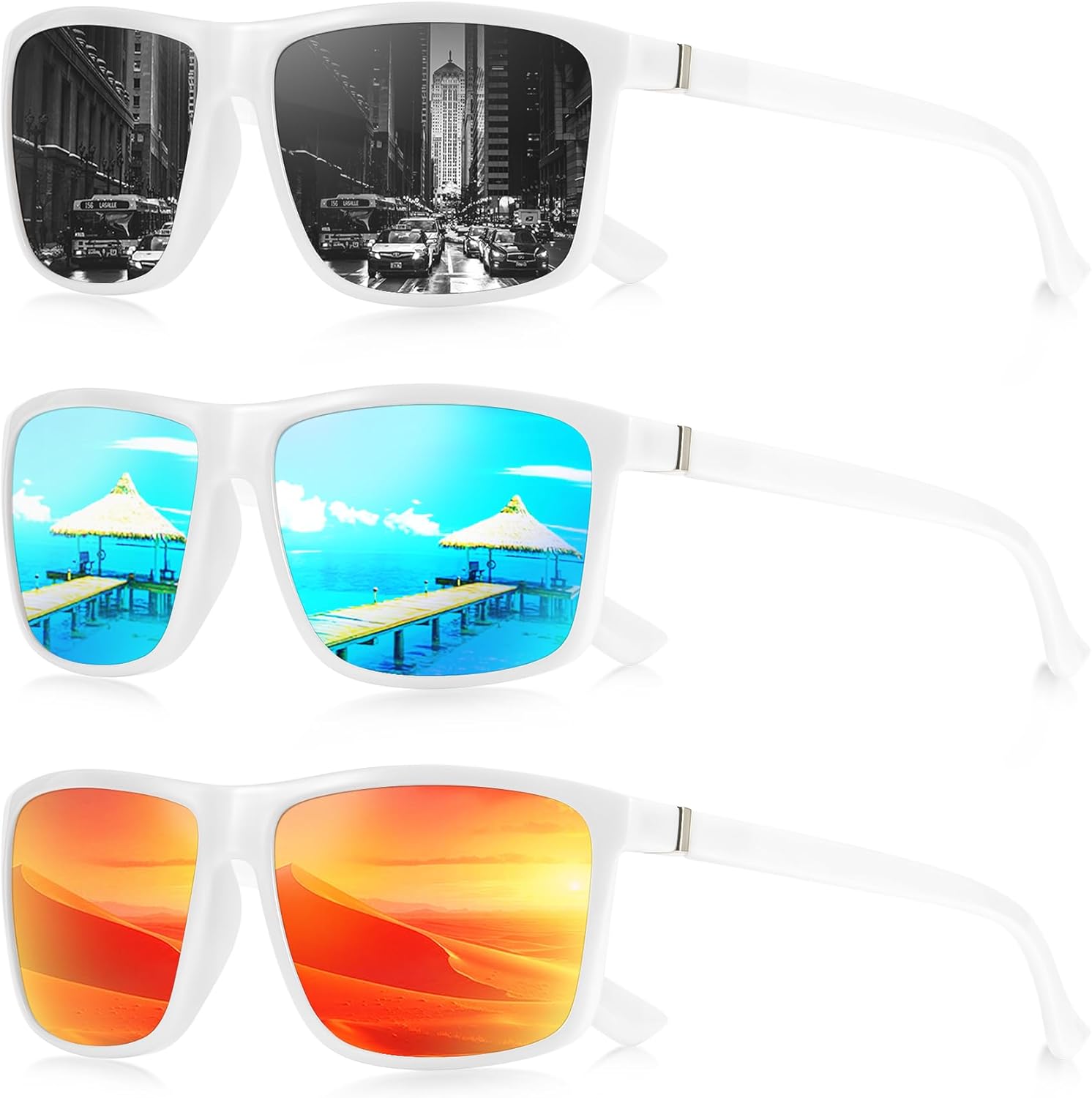 

Мужские поляризованные солнцезащитные очки NSSIW: классические солнцезащитные очки с защитой UV400 для вождения, рыбалки, гольфа, комплект из 3 штук, White Black+white Blue+white Red