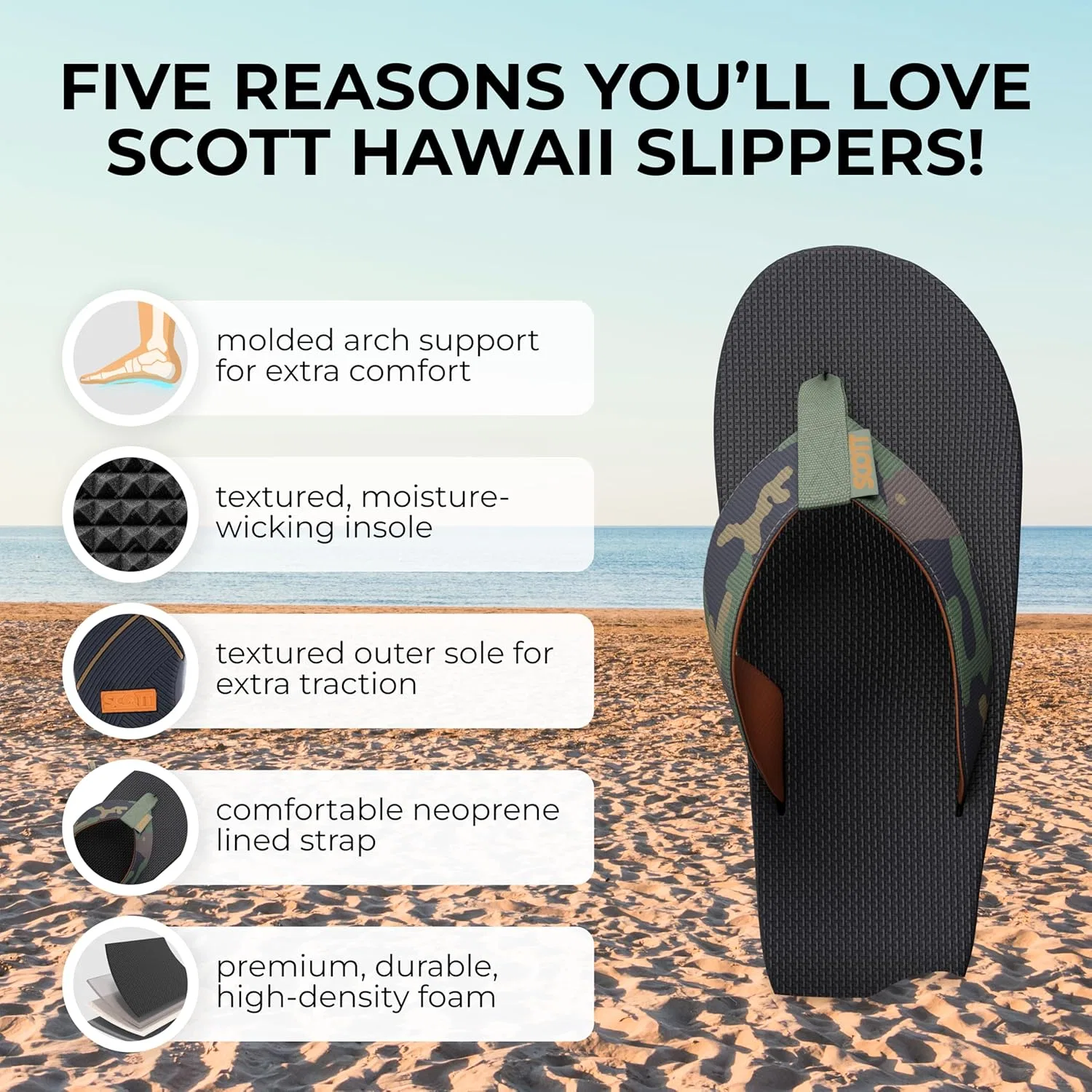 Мужские сандалии Scott Hawaii Kaikane | Шлепанцы из нейлона и резины с неопреновым ремешком для комфорта, поддержкой свода стопы и чашечкой для пятки, Green Camouflage — фото 2