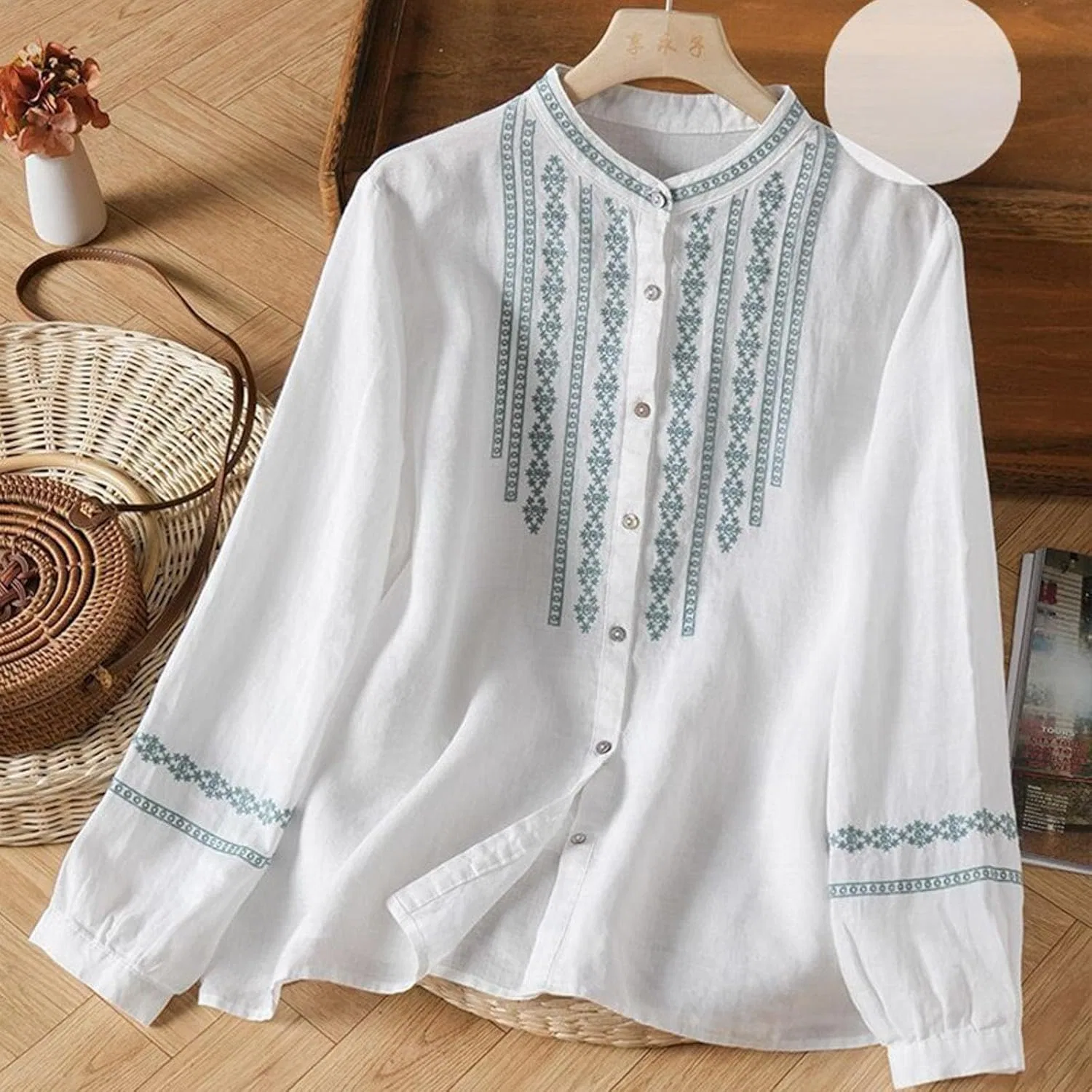 Футболка из хлопка и льна, с вышивкой, Button-Down Shirts, белый — фото 2