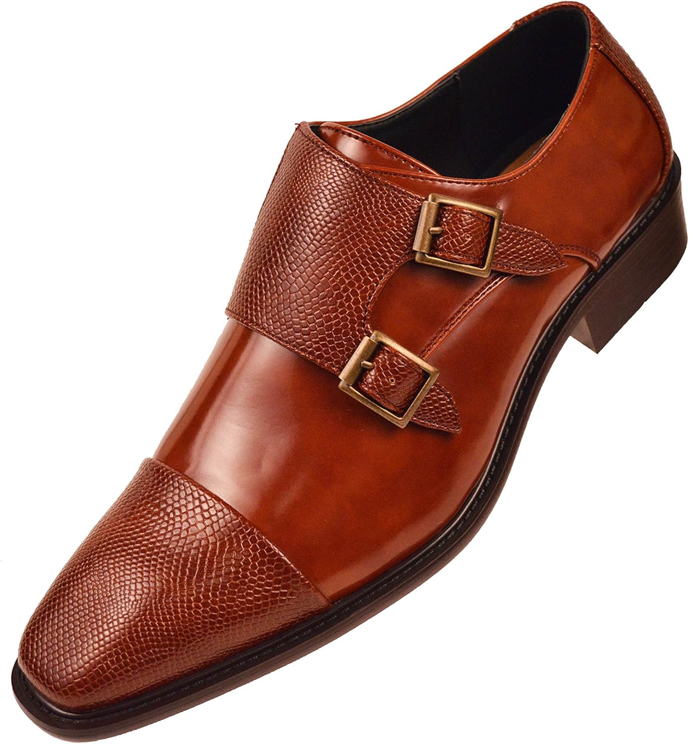 

Мужские туфли с монк-ремнем Bolano Bancroft - туфли без шнуровки для мужчин с тисненным носком - дизайнерские туфли с двойным монк-ремнем, Cognac