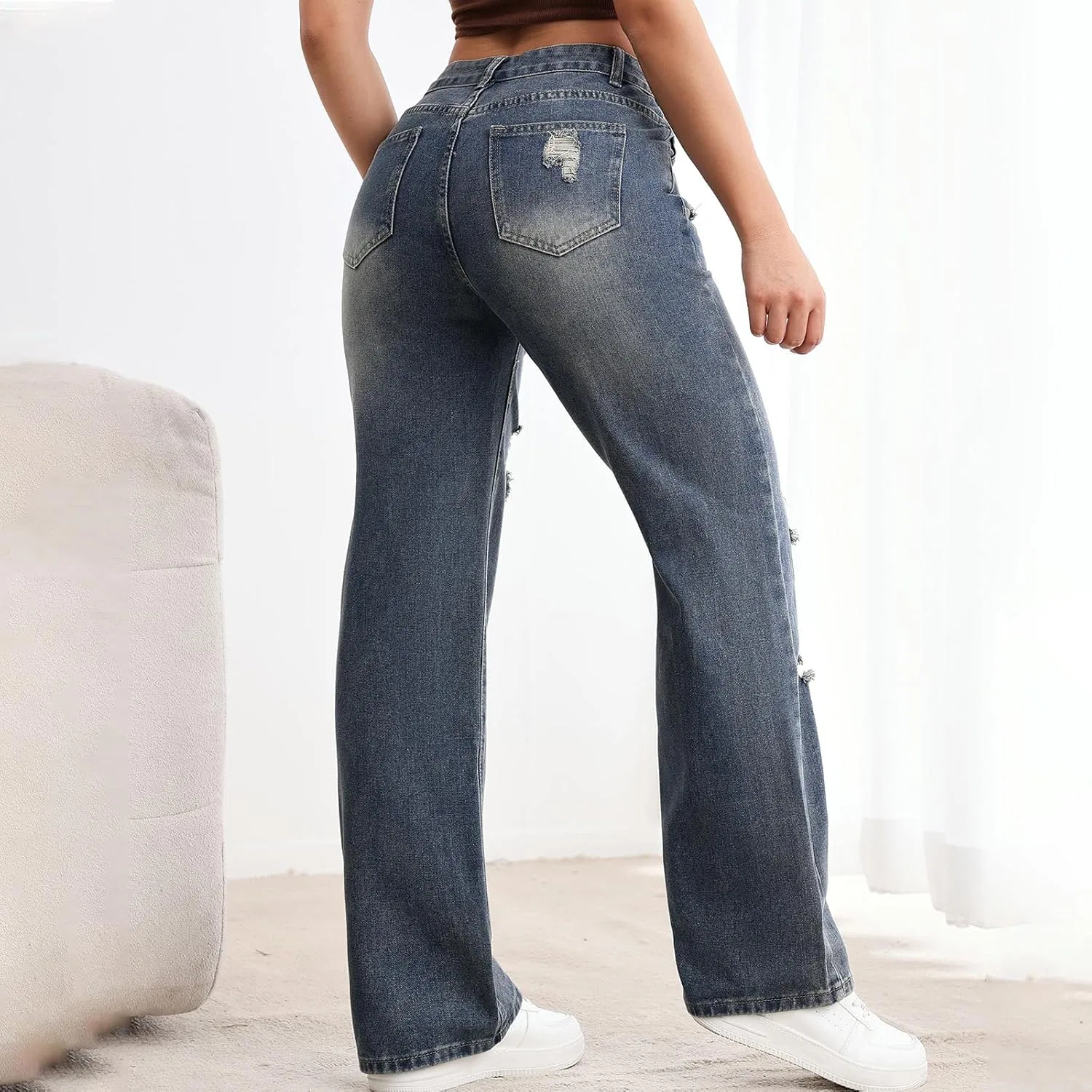 Джинсы с высокой талией, рваные, Women's High Waisted Distressed Jeans, синий — фото 4