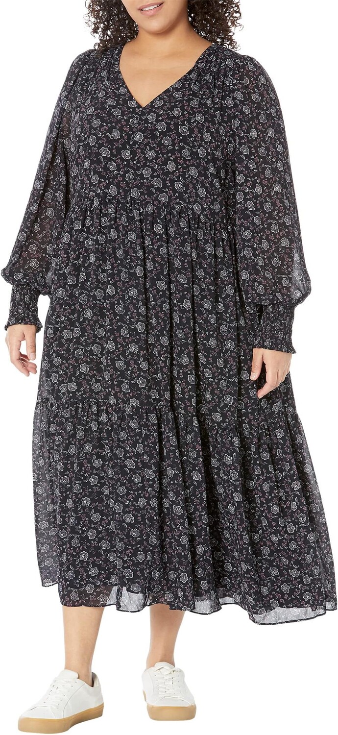 

Платье Madewell Plus Albertine Long Sleeve V-Neck Tiered Midi Dress - Crinkle Georgette, цвет Night Vision