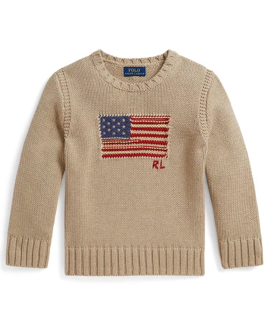 Детский свитер с контрастной отделкой и изображением флага (2-7 лет) Polo Ralph Lauren, бежевый