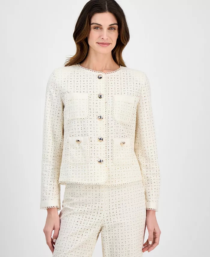 

Миниатюрная хлопковая куртка с люверсами и пуговицами спереди Anne Klein, белый
