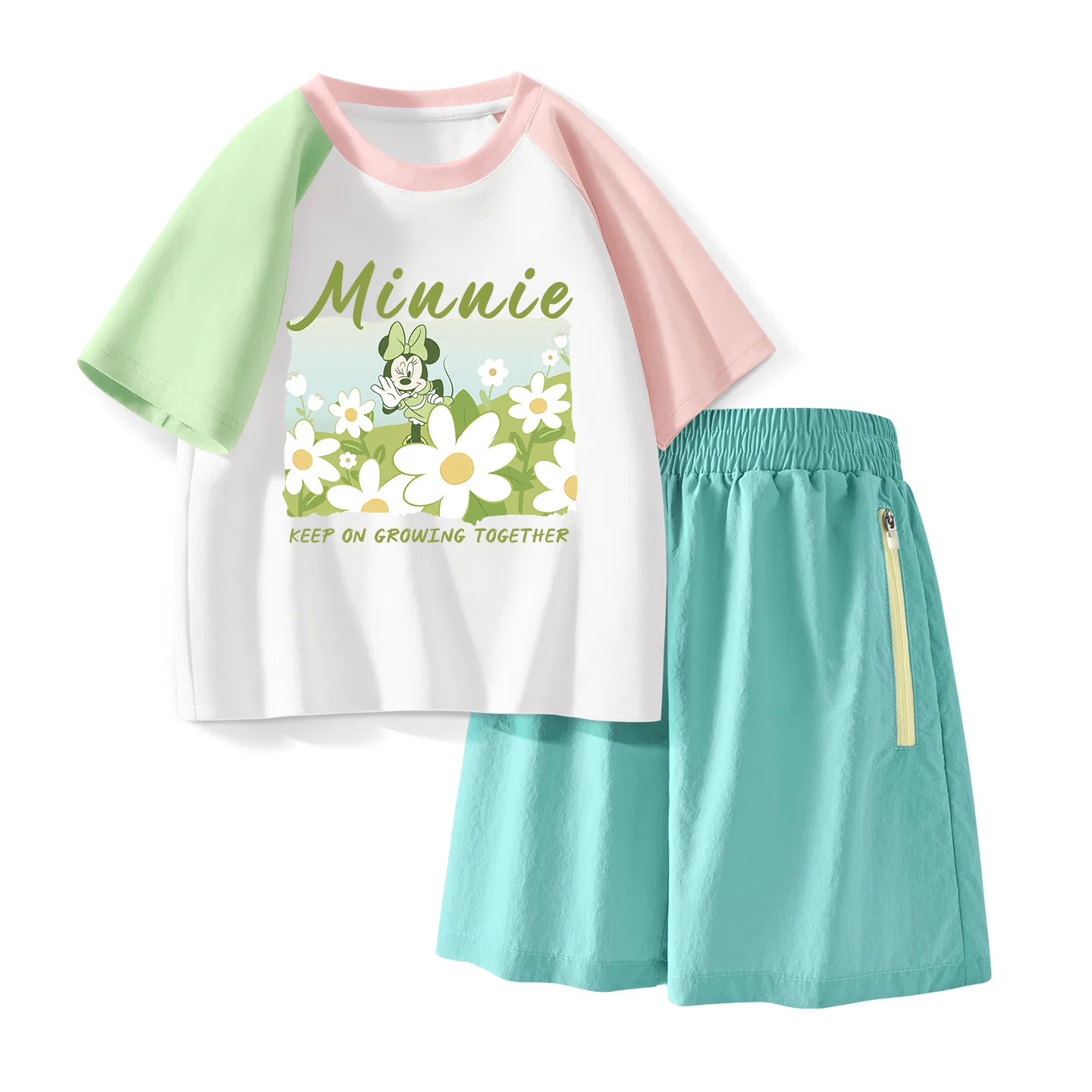Детская повседневная спортивная футболка с круглым вырезом Disney, Di Flower Green Pink+Solid Color Mint Green