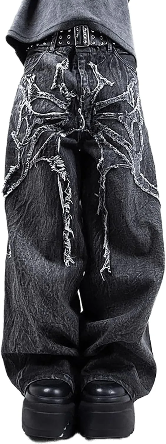 

Готические женские джинсы high waisted черные wide leg distressed oversized punk street baggy spider CBDAO