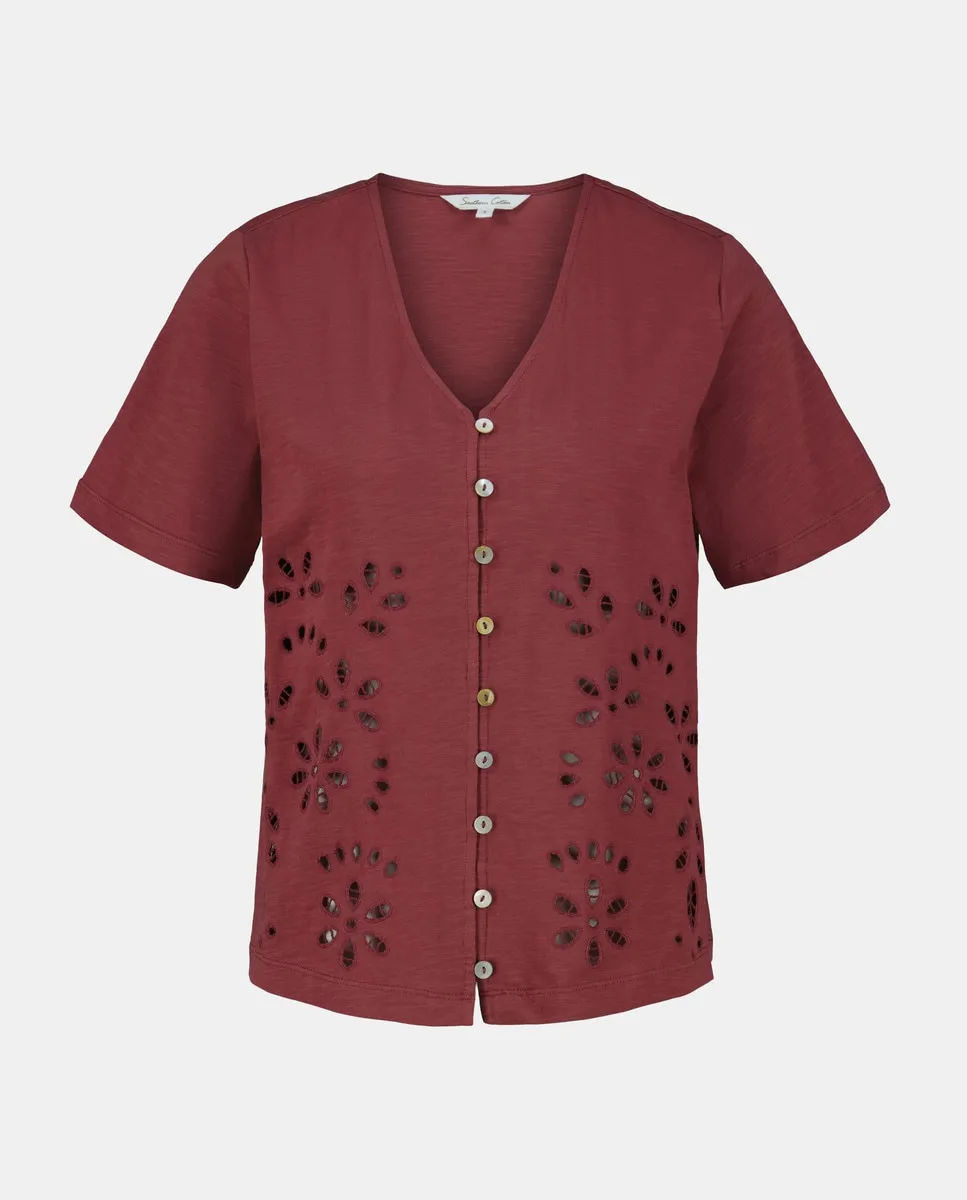 

Женская футболка с короткими рукавами и вышивкой «шиффли» Southern Cotton, баклажановый
