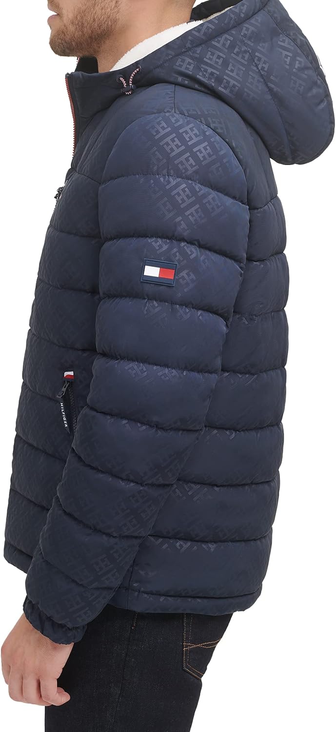 Мужская куртка Tommy Hilfiger средней толщины с подкладкой из шерпы и капюшоном, водонепроницаемая, Tommy Logo Tech Navy — фото 3