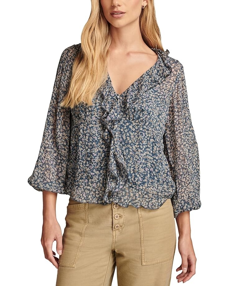 

Топ Lucky Brand Long Sleeve Button Front Ruffle Top, цвет Blue Floral