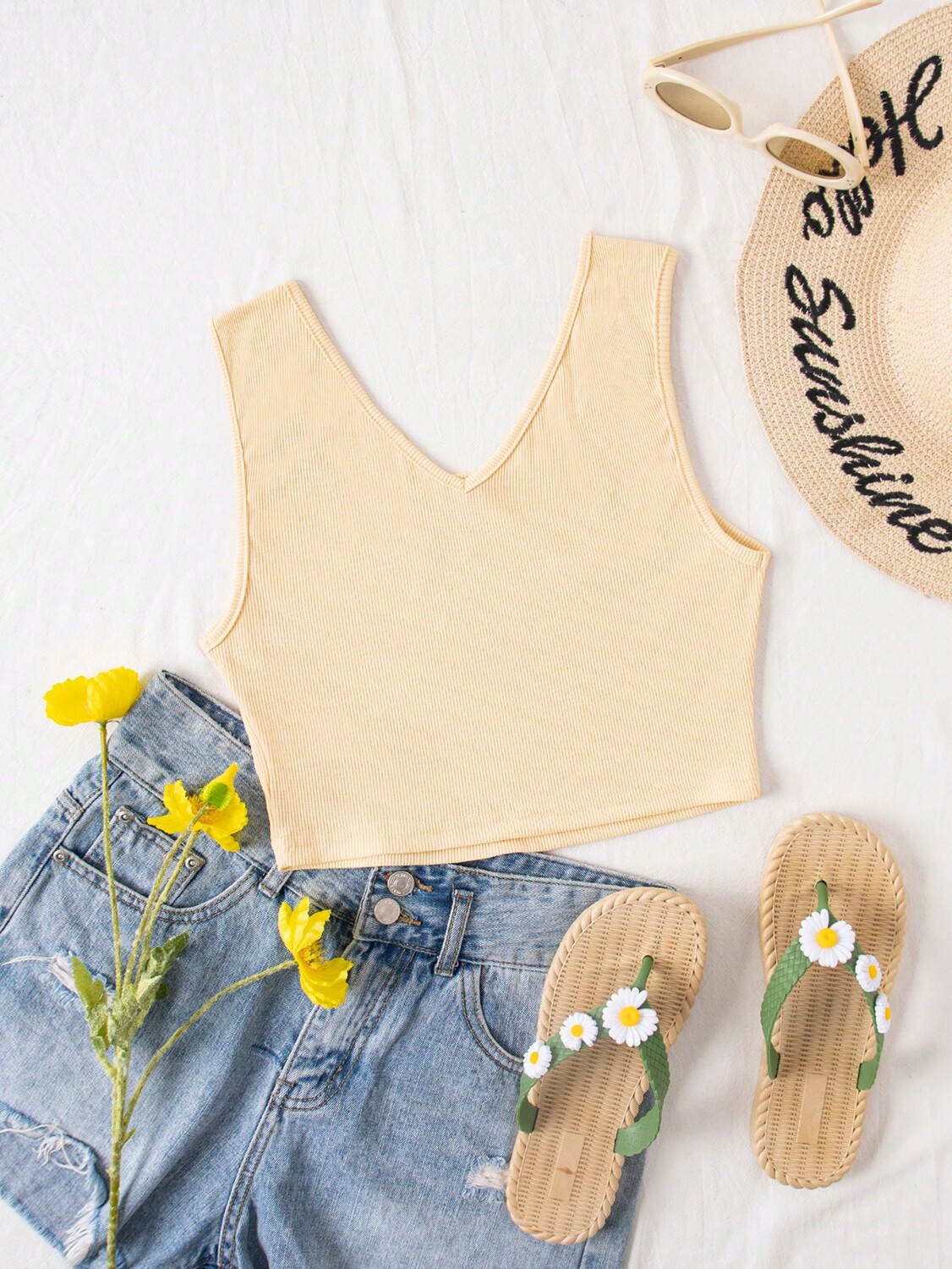 

SHEIN VCAY Summer Holiday однотонная повседневная летняя укороченная майка, абрикосовый цвет