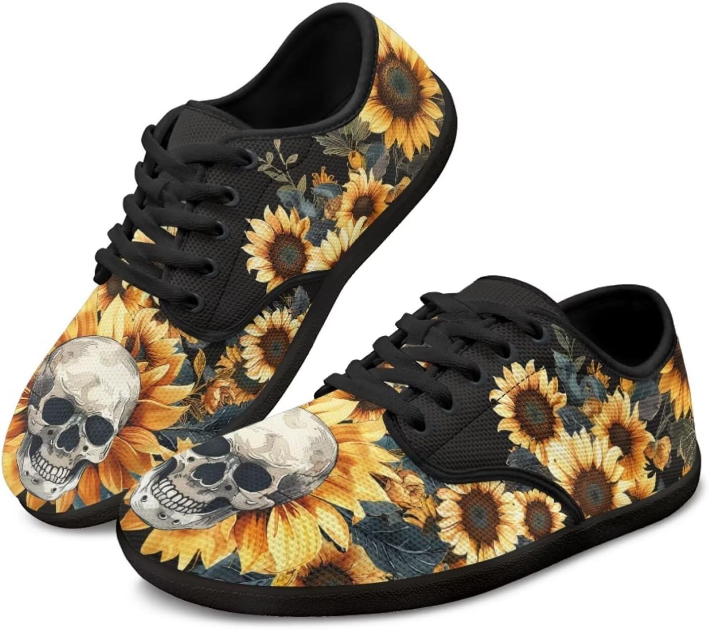 

Кроссовки Skull для женщин и мужчин, повседневная обувь для бизнеса, с широкой носочной частью, босоножки, обувь для ходьбы с нулевым перепадом Pointodoor, Skull Sunflower Print