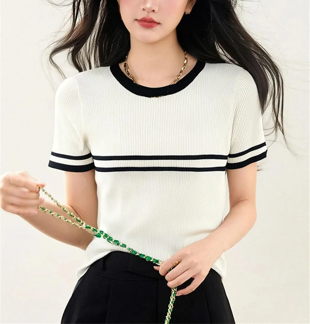 Женская футболка с контрастными полосками, круглый вырез, короткий рукав, Slim Fit — фото 3