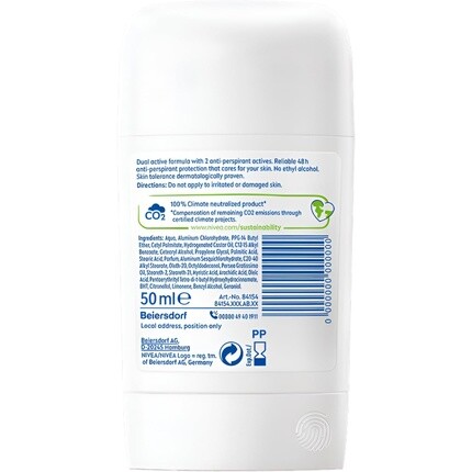 NIVEA Stick Dry Comfort Деликатная надежная формула двойного действия Антиперспирант Защита от пота 48 часов Запатентованная эмульсионная технология Экологичность для климата 50 мл — фото 2