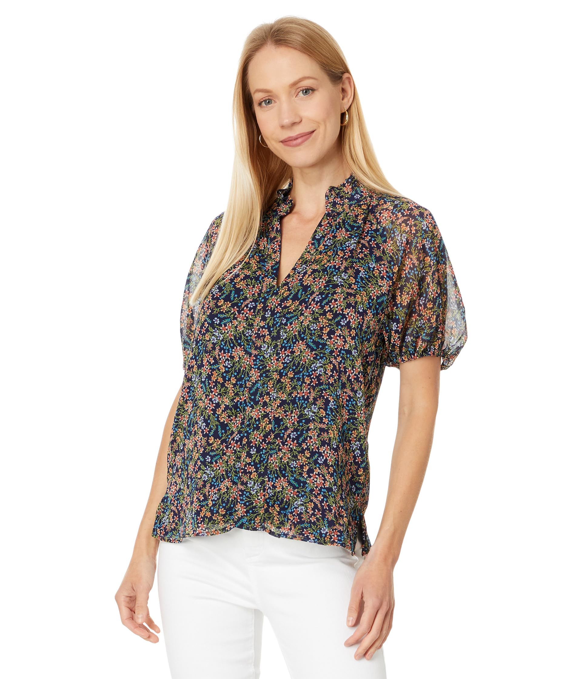

Блуза CeCe Printed Ruffle Neck Raglan Seam Split Neck Blouse, цвет Classic Navy