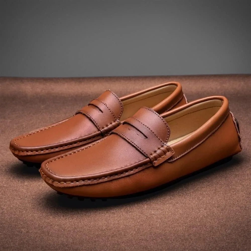 Лоферы кожаные мужские классические на плоском каблуке, Brown — фото 3