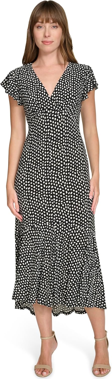 

Женское платье миди из джерси с завышенной талией и V-образным вырезом с принтом от Tommy Hilfiger, Black Cream