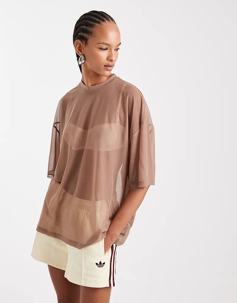 

Длинная сетчатая футболка ASOS DESIGN свободного кроя цвета «песок»