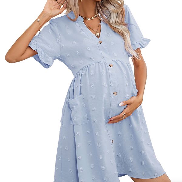 

Женское платье для беременных с V-образным вырезом, короткими рукавами-фонариками, застежкой на пуговицах и карманами Clearflower, Light Blue
