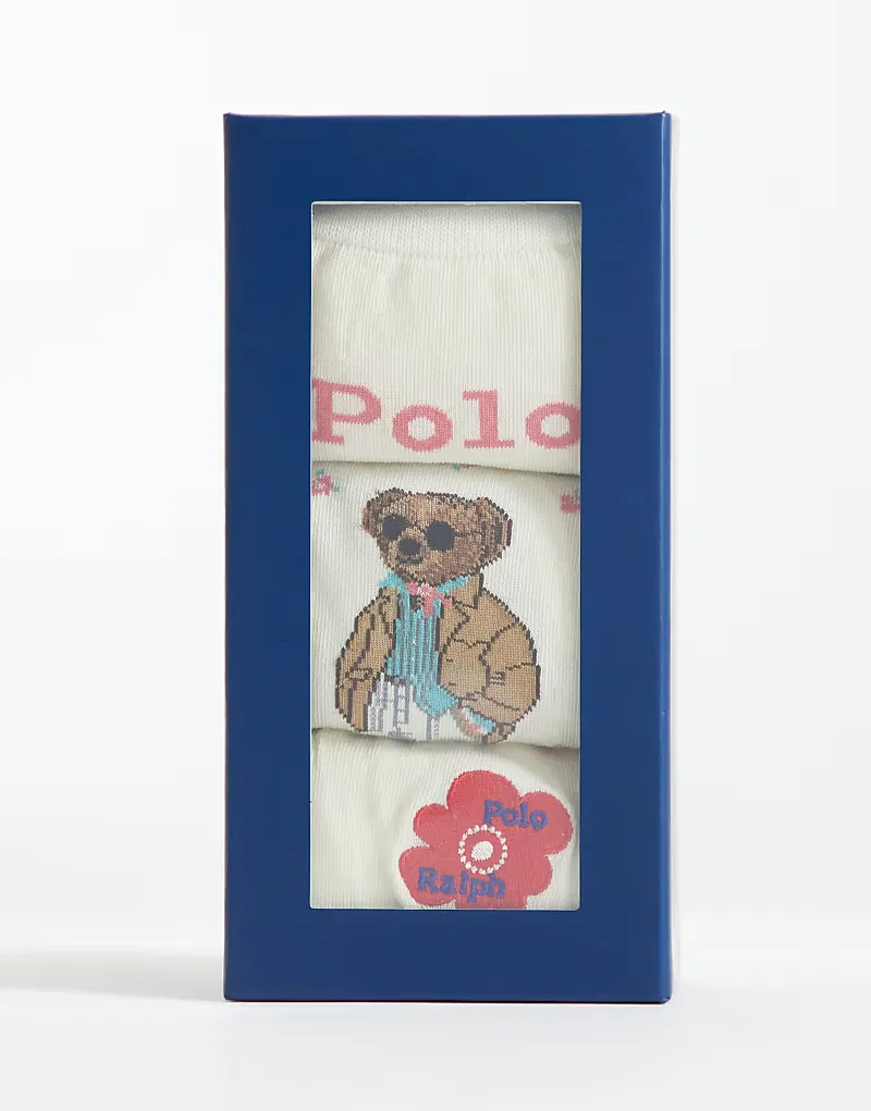 Набор из 3 пар носков Polo Ralph Lauren с изображением медведя в подарочной коробке, кремовый — фото 2