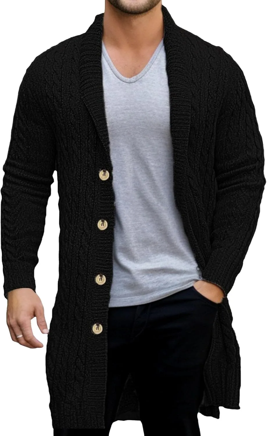 

Мужской кардиган с воротником-шалью и кабельной вязкой DGHM-JLMY