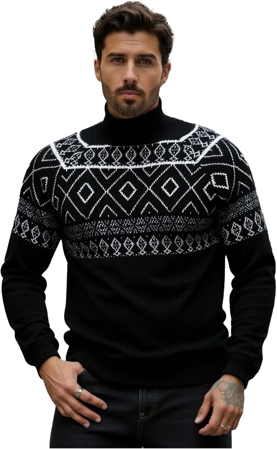 

Мужской свитер с воротником-гольф, черно-белый нордический узор