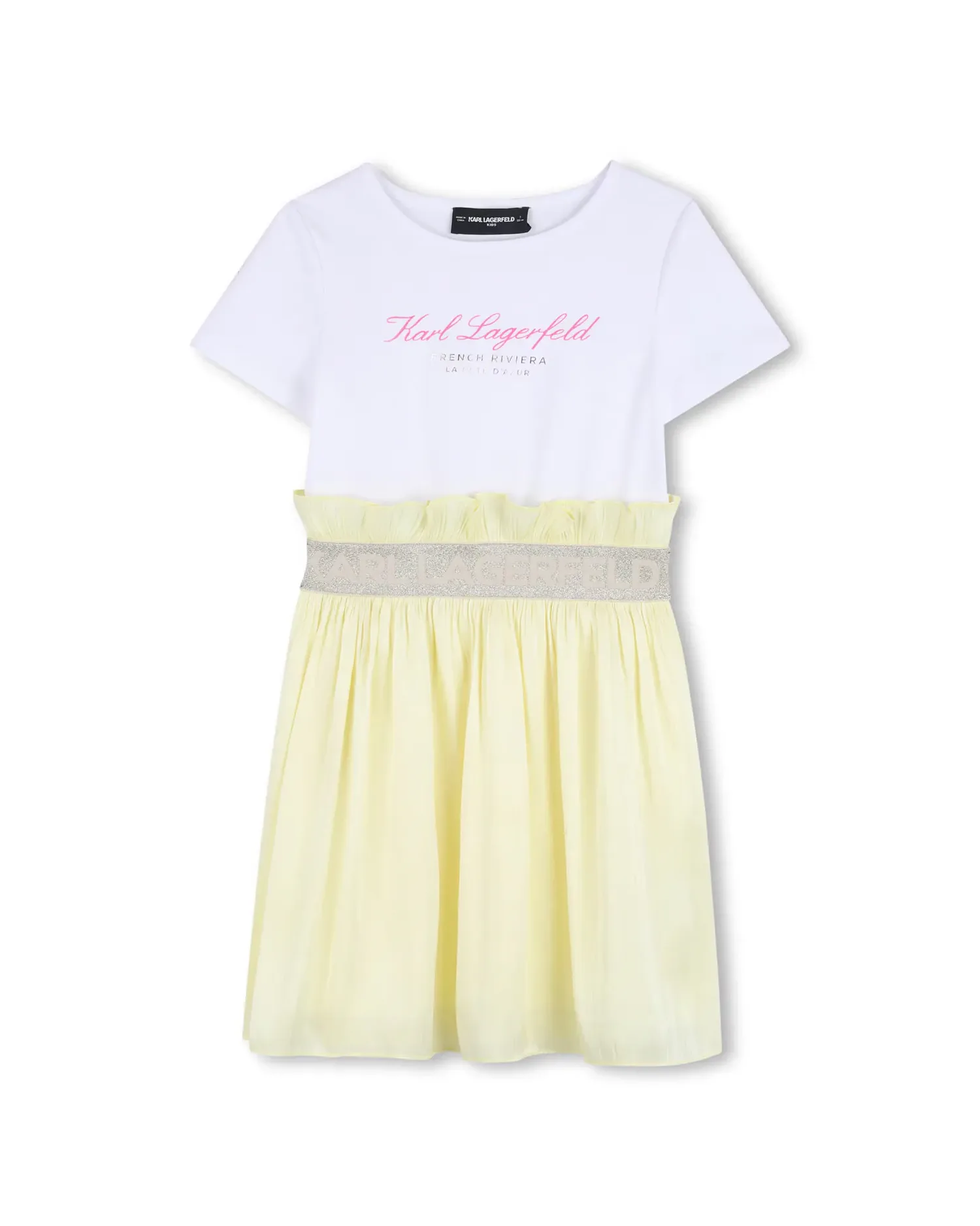 Платье для девочки с коротким рукавом и рисунком спереди из полиэстера Karl Lagerfeld Kids, желтый